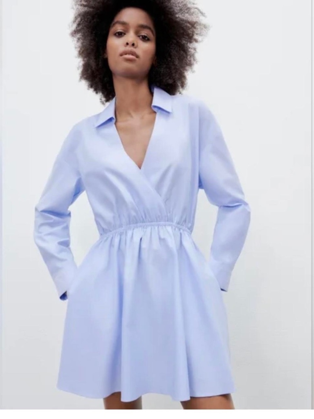 Zara Light Blue Long Sleeve V-Neck Shirt Dress